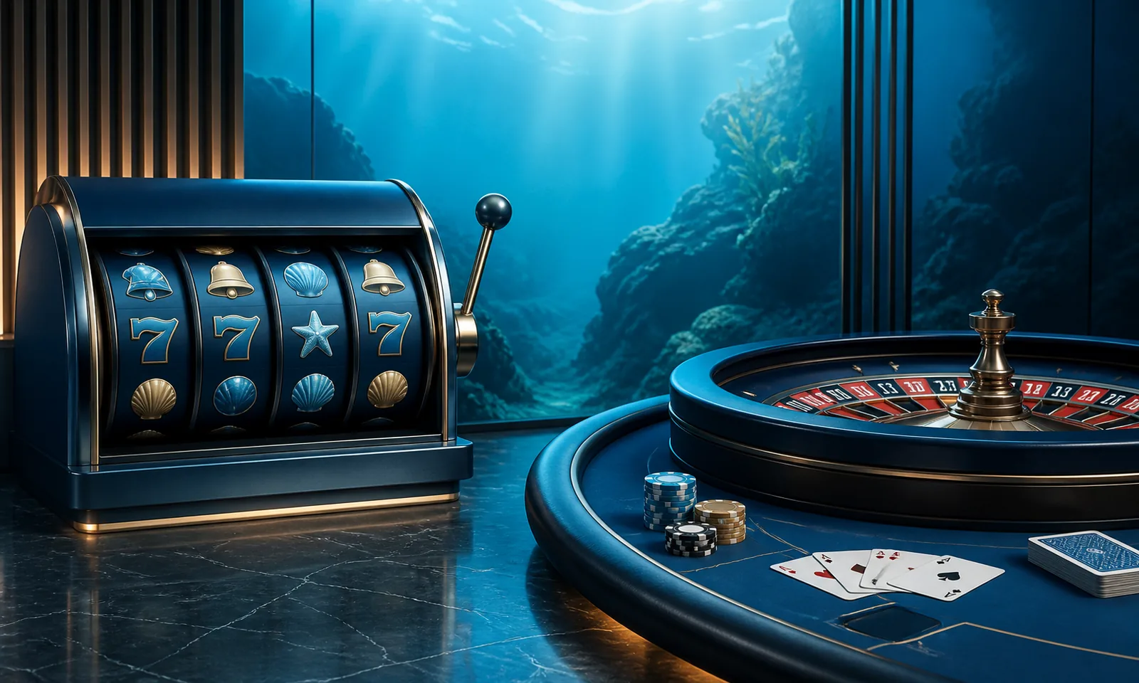 Composição editorial com slot, roleta, cartas e fichas de cassino