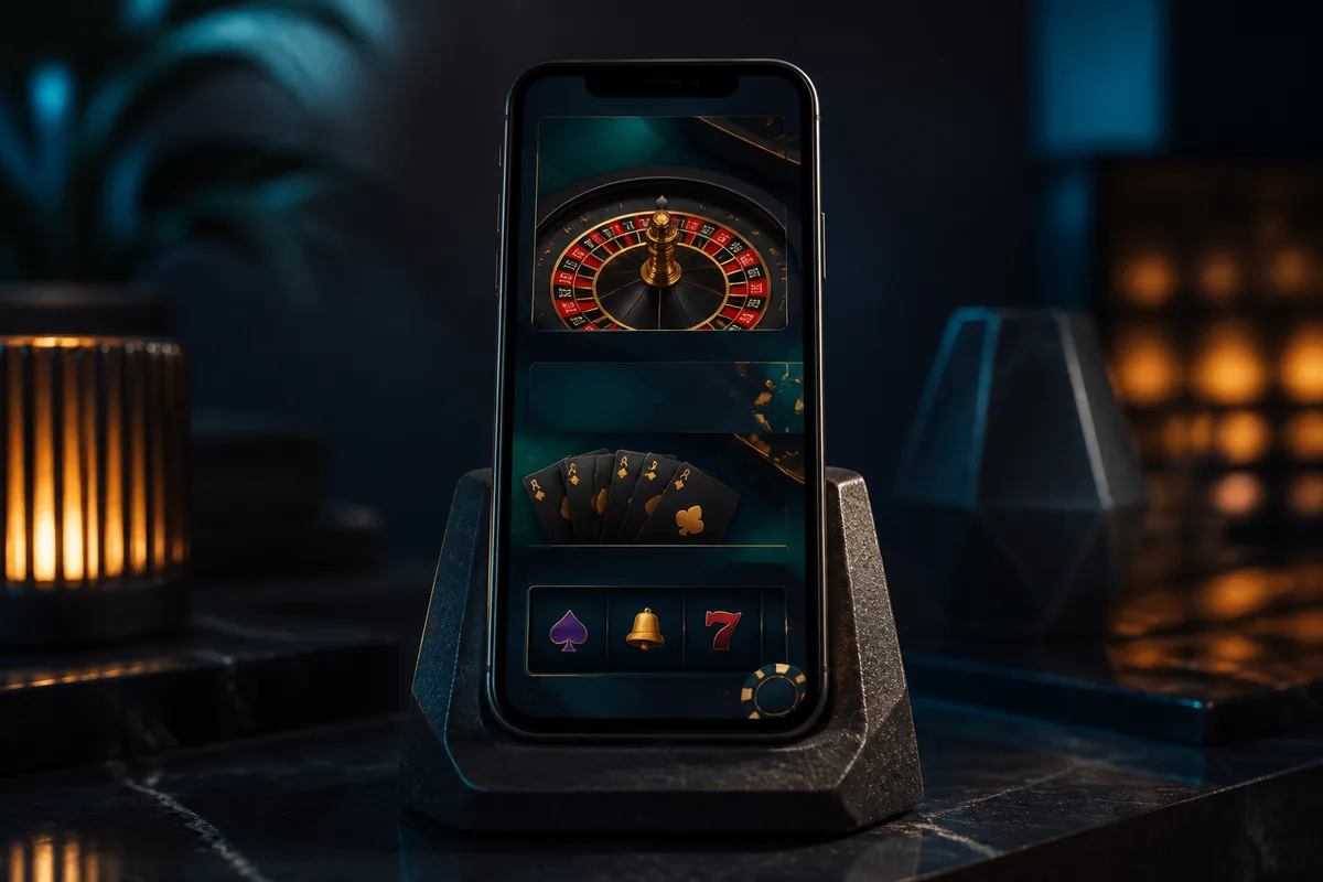 Celular com interface fictícia de roleta, cartas e slots