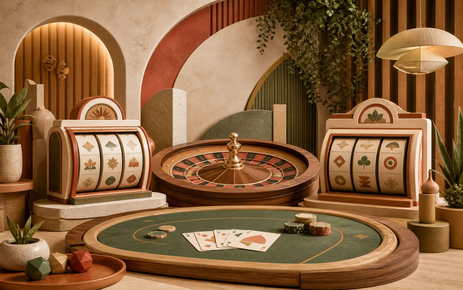 Composição editorial com slots, roleta e cartas de cassino